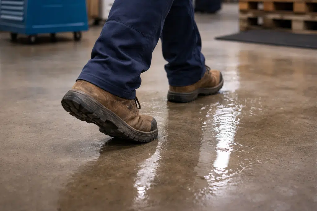 Worker in boots walking across a wet concrete floor in an indoor workspace, highlighting a slippery surface hazard.